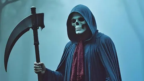 Grim reaper holds scythe in foggy forest.