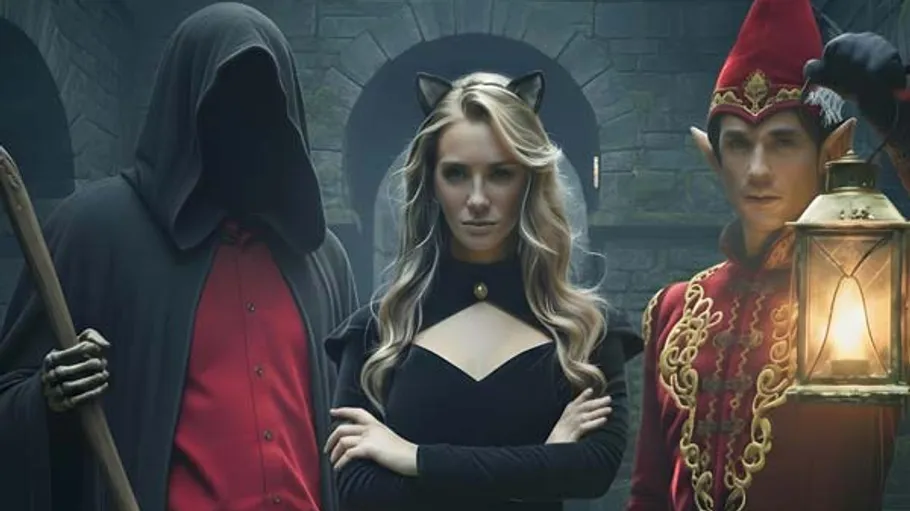 Three costumed people in a medieval setting.