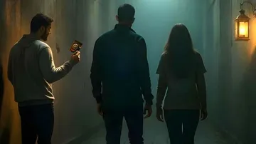 Three people walk down dimly lit corridor.