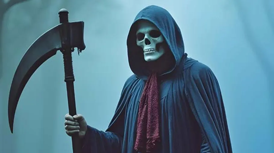 Skeleton in hood with scythe in foggy forest.