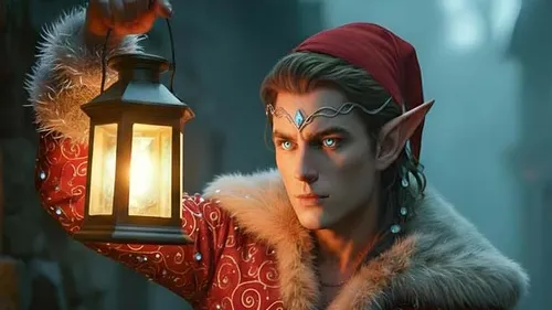 Elf holding lantern, standing in street.