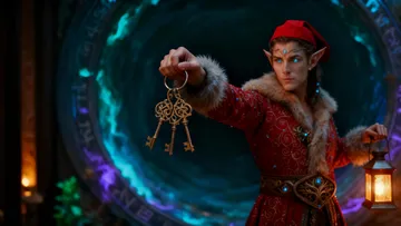 Elf hält Schlüssel, steht neben Portal.