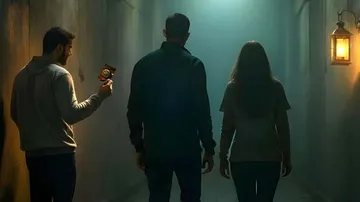 Drei Personen stehen in einem dunklen Flur.