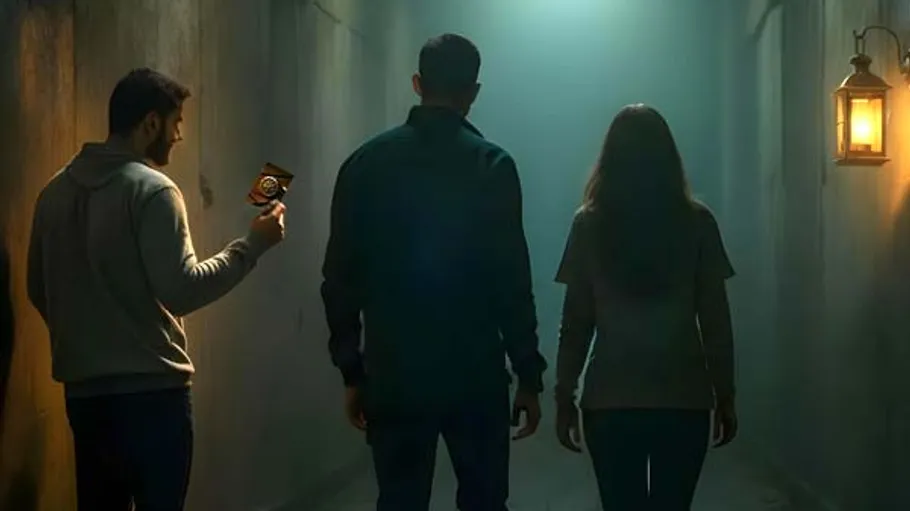 Three people standing in a dim hallway.