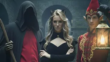 Three people in fantasy costumes stand together.