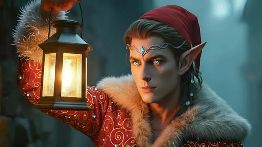 Elf hält Laterne in nebliger Straße.