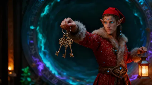 Elf holds keys and lantern, mystical portal.