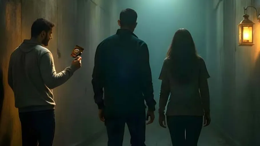 Three people walking down dimly lit corridor.
