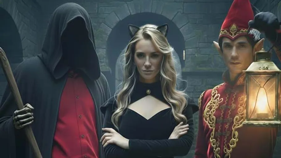 Three people in fantasy costumes, medieval setting.