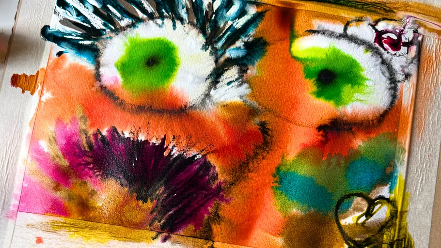 Colorful abstract painting with expressive shapes.