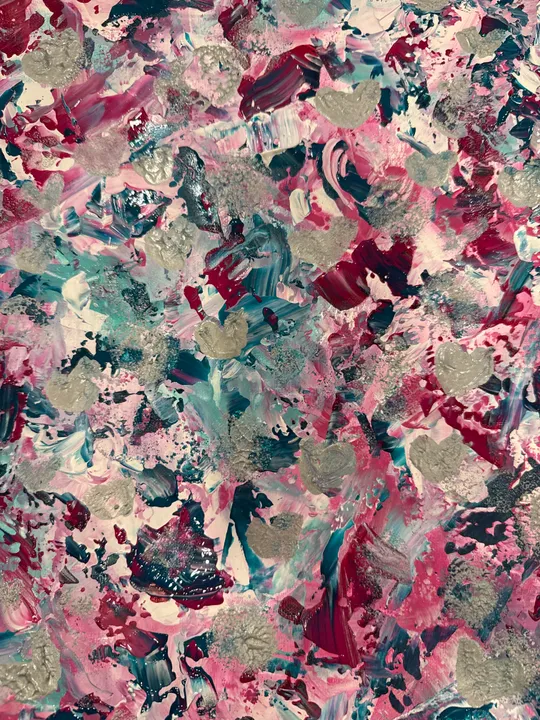 Abstraktes Gemälde mit rosa und blauen Pinselstrichen.