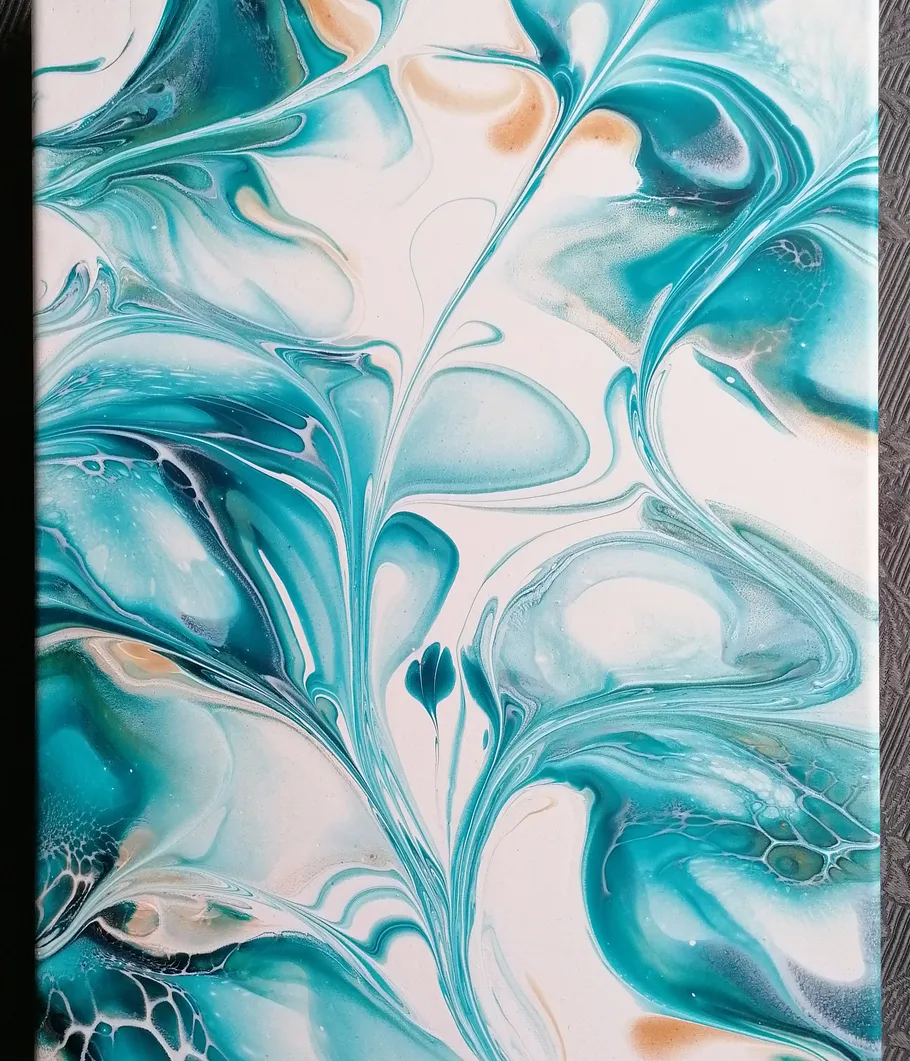 Abstract painting with teal and white swirls.