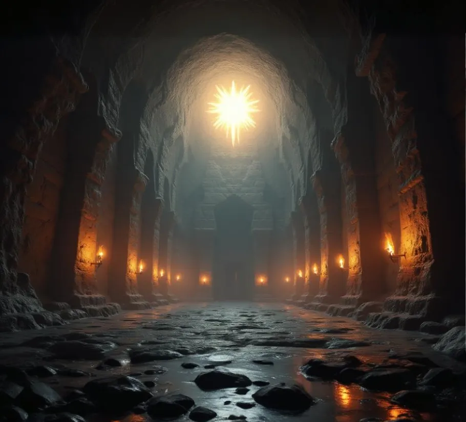 Stone hallway with torches and glowing sun.