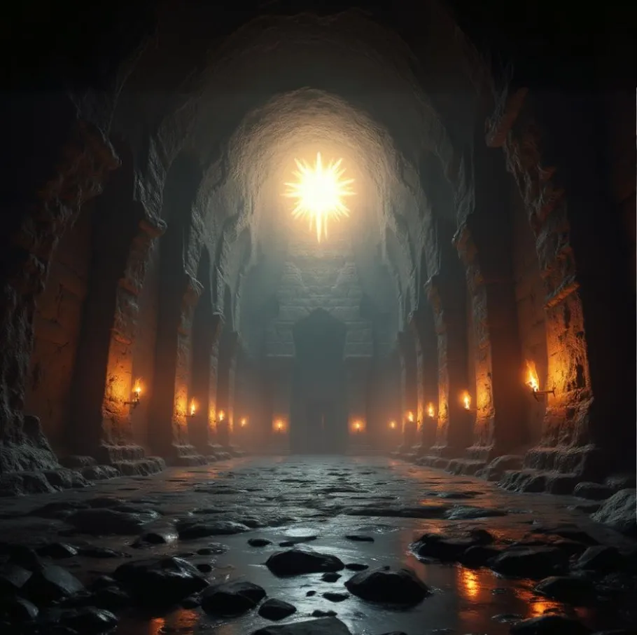 Cavernous hall with torches and glowing symbol.