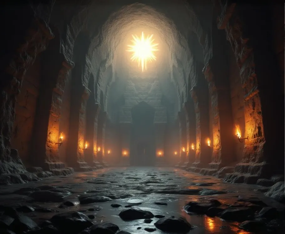 Stone corridor illuminated by torches.