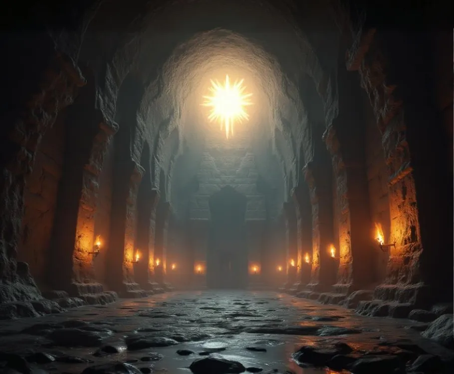 Torchlit stone corridor with bright star overhead.