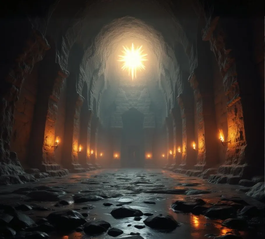 Cavernous hall lit by glowing torches.