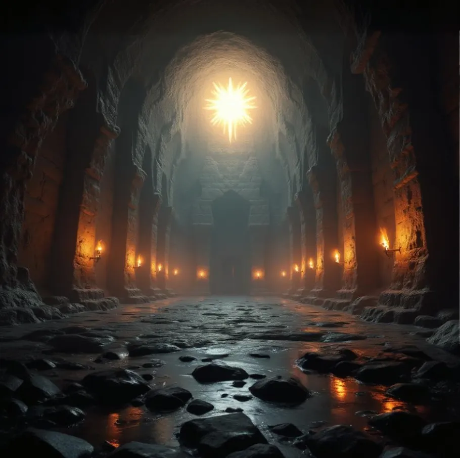 Stone corridor with torches and glowing ceiling.