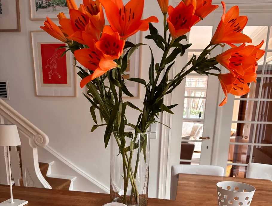 Orange Lilien in Vase auf Holztisch.