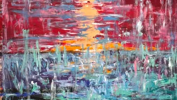 Abstract sunset painting with vivid colors.