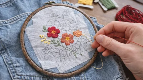 Hand embroidering colorful flowers on fabric.