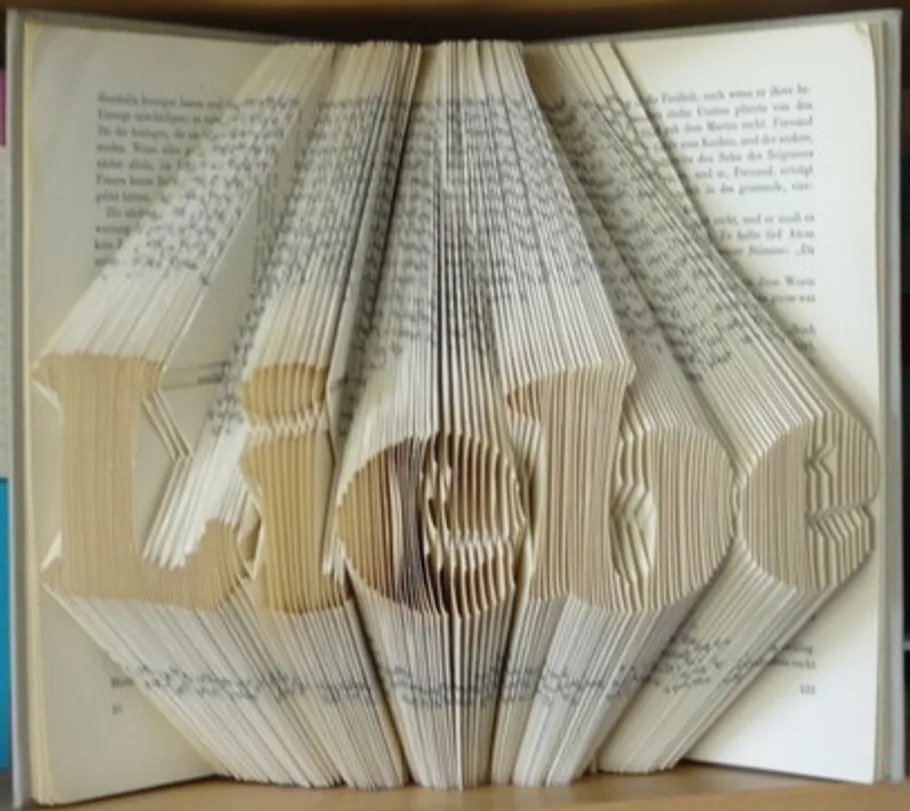 Book pages folded into the word 'Liebe'.