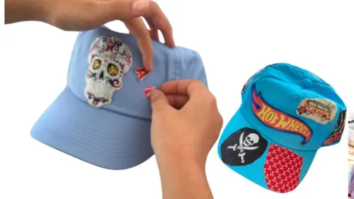 Decorated caps displayed in DIY workshop advertisement.