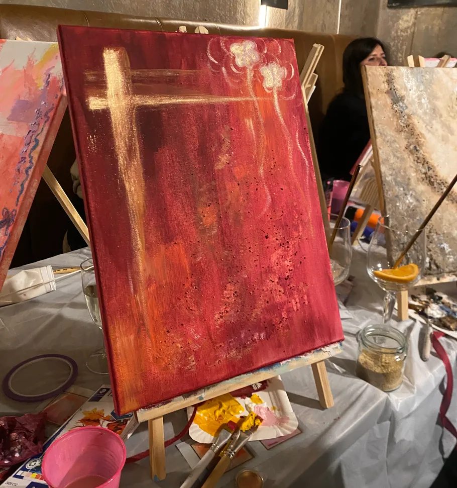 Abstract painting on easel in art class.