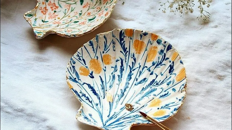 Dekorative Muschelschalen mit Blumenmustern auf Stoff.