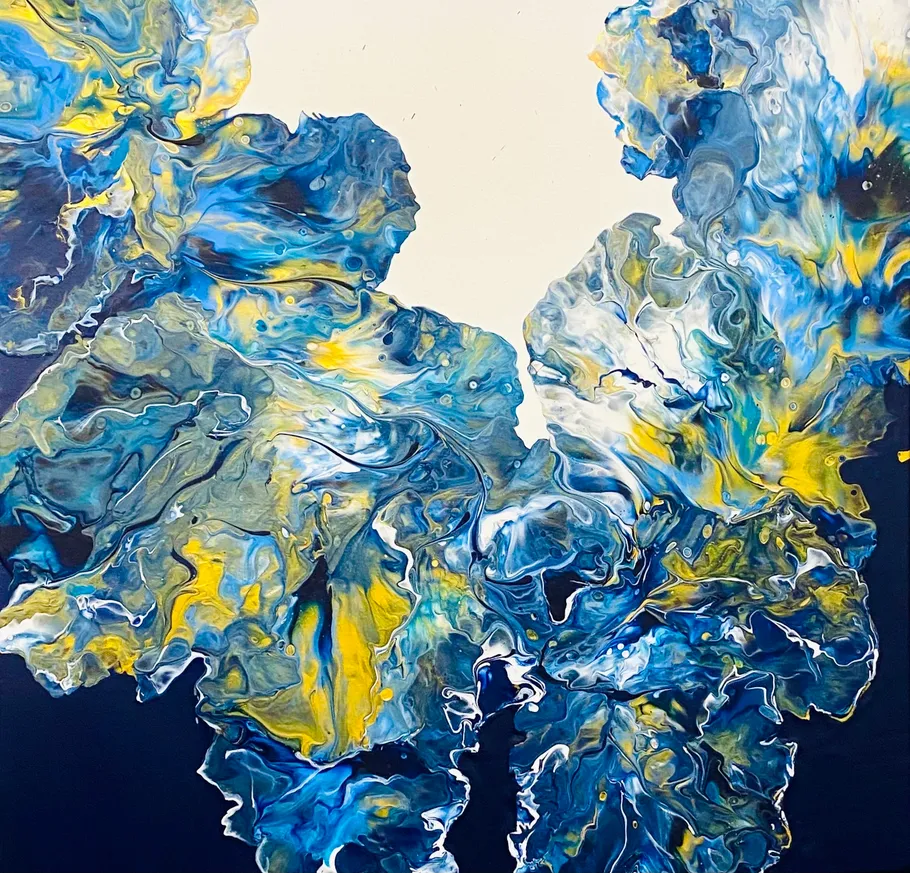 Abstract painting with swirling blue and yellow.