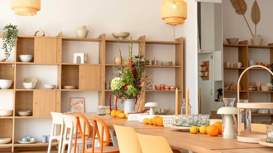 Dining table with chairs and wooden shelves.