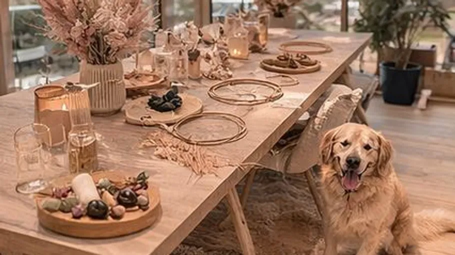 Hund sitzt neben elegant gedecktem Esstisch.