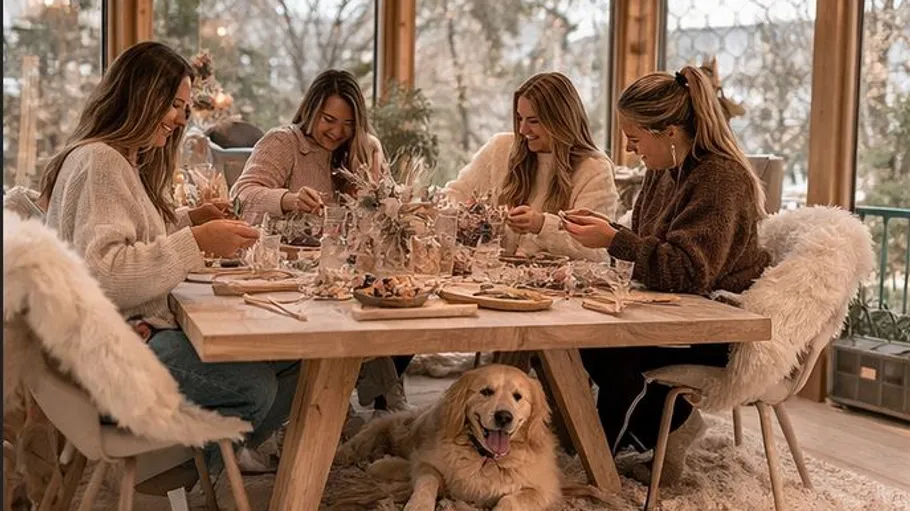 Women crafting at dining table indoors.