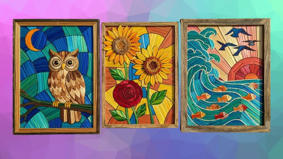 Three colorful string art panels on gradient background.