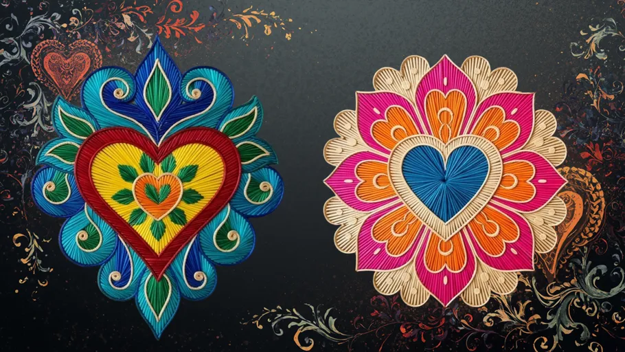 Colorful hearts with intricate designs on dark background.