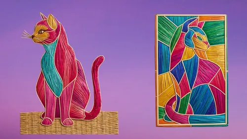 Bunte Katzenkunst, abstrakter Stil, vor Farbverlaufshintergrund.