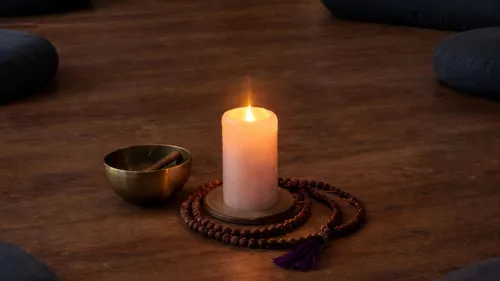 Candle lit on floor with meditation objects.