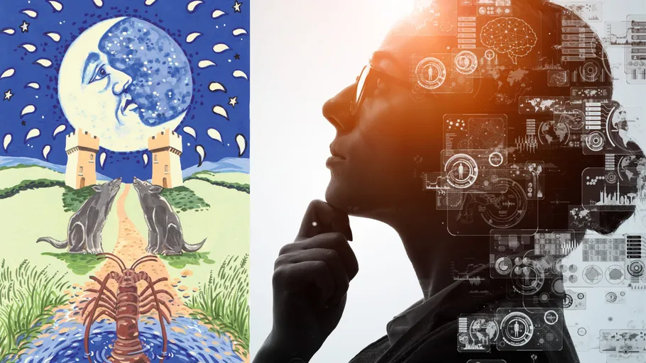 Geteiltes Bild: Tarotkarte und Frau mit Technikhintergrund.
