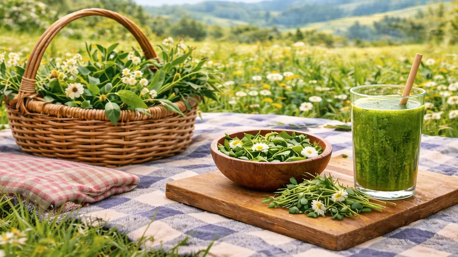 Korb und Smoothie auf Picknickdecke draußen.
