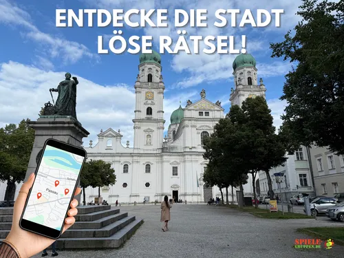 Hand holding phone with map in front of building.