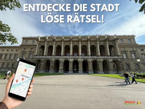 Person hält Handy mit Münchener Karte, Museumsgebäude.