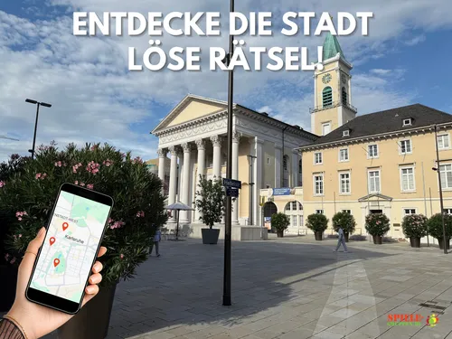 Hand holds phone with map, city square background.