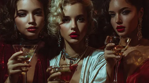 Three women holding cocktails in dimly lit setting.