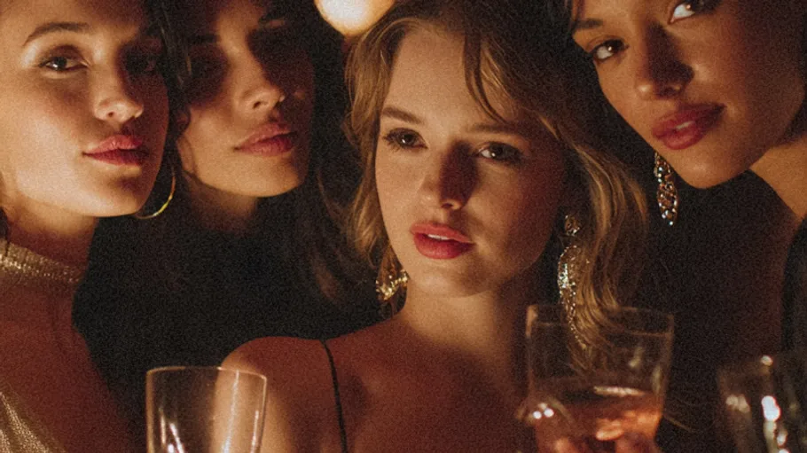 Four women holding drinks in dim lighting.