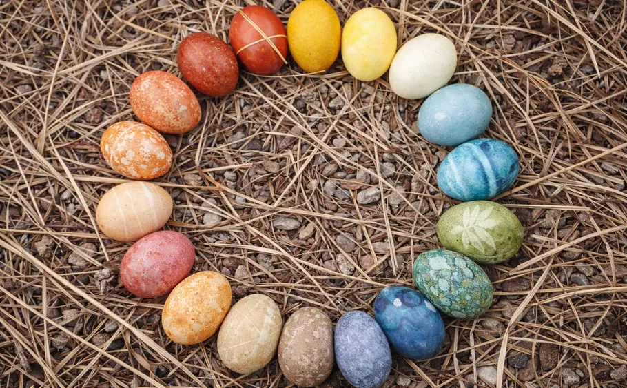 Colorful eggs arranged in circle on straw.