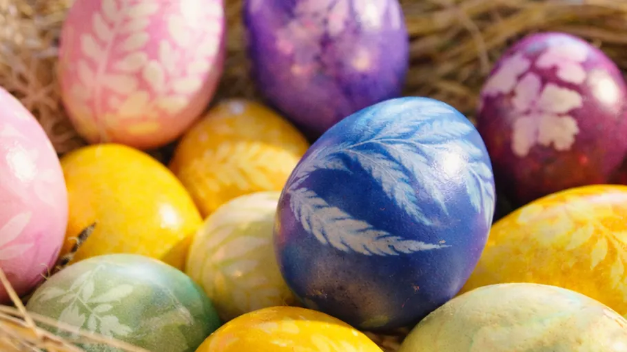 Colorful decorative Easter eggs in straw.
