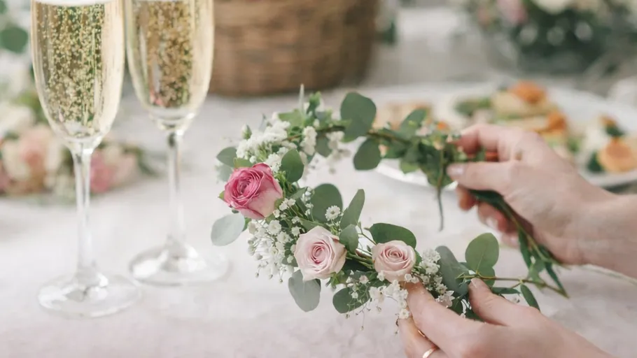 Hände fertigen Blumenkranz neben Champagnergläsern.