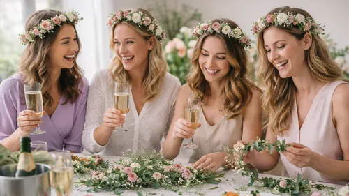 Women with flower crowns celebrate with drinks.
