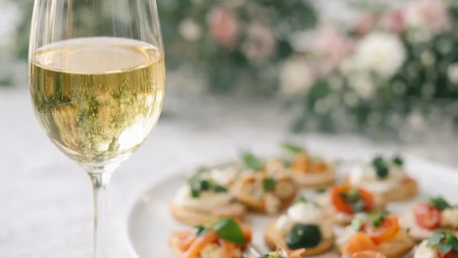 Glass of white wine beside appetizers on plate.