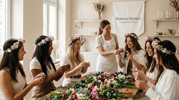 Frauen basteln gemeinsam Blumenkränze drinnen.